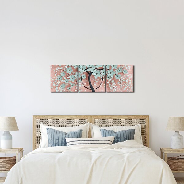 Slika - Pastelno plavi cvjetovi (sa satom) (90x30 cm)