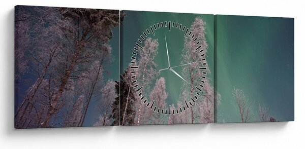 Slika polarne svjetlosti nad zaleđenim drvećem (sa satom) (90x30 cm)
