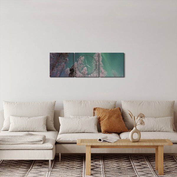 Slika polarne svjetlosti nad zaleđenim drvećem (sa satom) (90x30 cm)