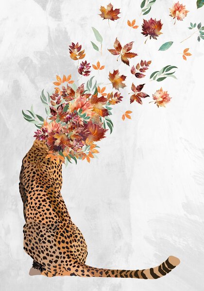 Ilustracija Cheetah Autumn Leaves Head, Sarah Manovski, (26.7 x 40 cm)