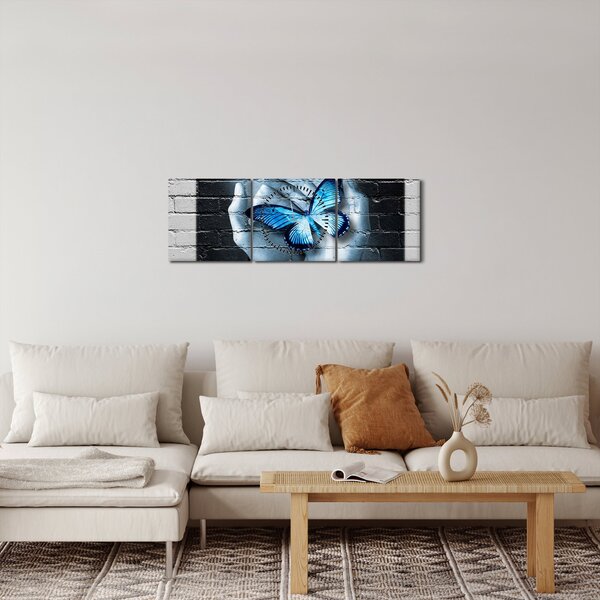 Slika plavog leptira na zidu (sa satom) (90x30 cm)