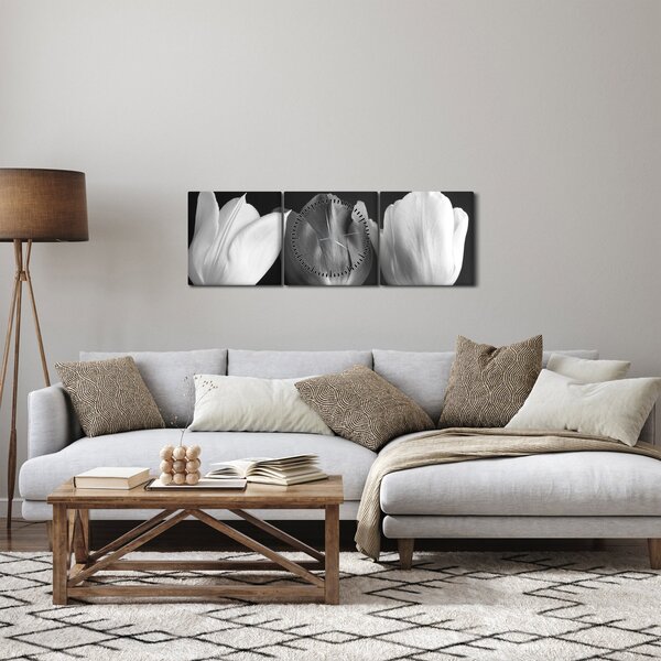 Slika - Crno-bijeli cvjetovi tulipana (sa satom) (90x30 cm)