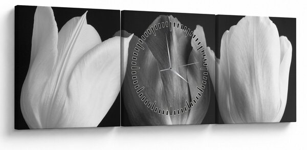 Slika - Crno-bijeli cvjetovi tulipana (sa satom) (90x30 cm)