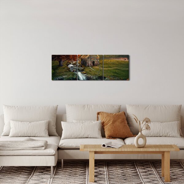 Slika kućice u bajkovitom krajoliku (sa satom) (90x30 cm)