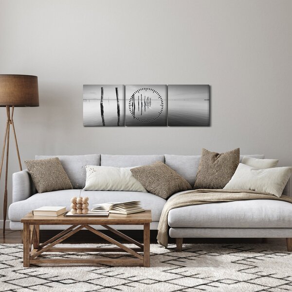 Slika crno-bijele vodene površine (sa satom) (90x30 cm)