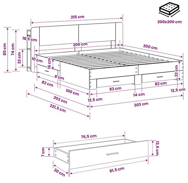Okvir kreveta s pohranom s uzglavljem Siva Sonoma 200 x 200 cm - Siva / 200 x 200 cm