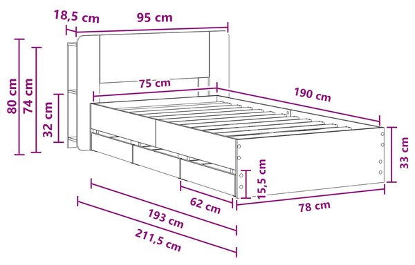 Okvir kreveta s pohranom s ladicama Betonska siva 75 x 190 cm - Siva / 75 x 190 cm