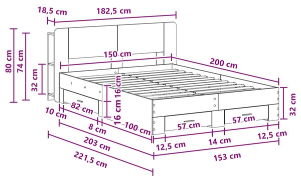 Okvir kreveta s pohranom s uzglavljem Hrast sonoma 150 x 200 cm - Smeđa / 150 x 200 cm