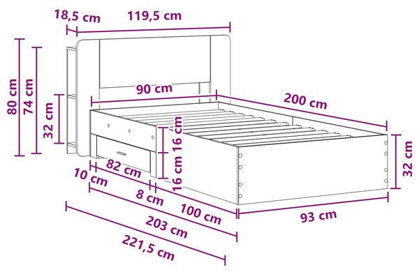 Okvir kreveta s pohranom s uzglavljem Siva Sonoma 90 x 200 cm - Siva / 90 x 200 cm