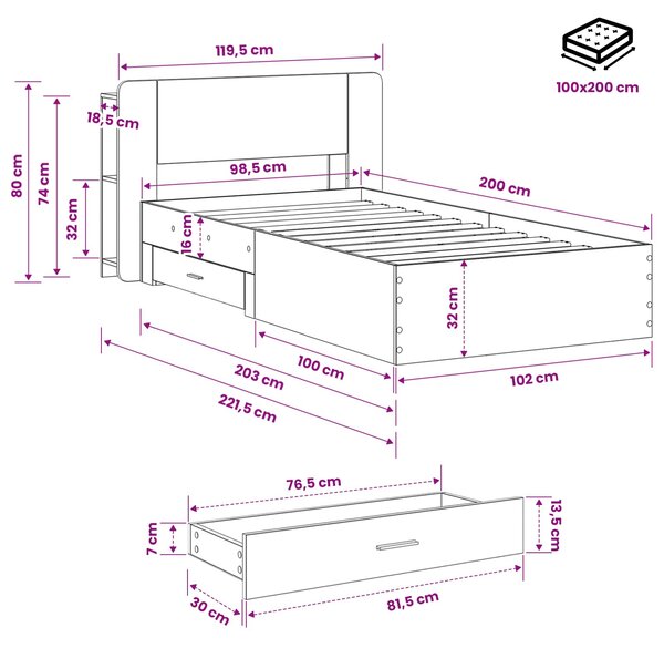 Okvir kreveta s pohranom s uzglavljem Hrast sonoma 100 x 200 cm - Smeđa / 100 x 200 cm