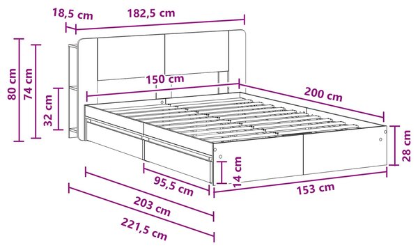 Okvir kreveta s pohranom s ladicama Betonska siva 150 x 200 cm - Siva / 150 x 200 cm