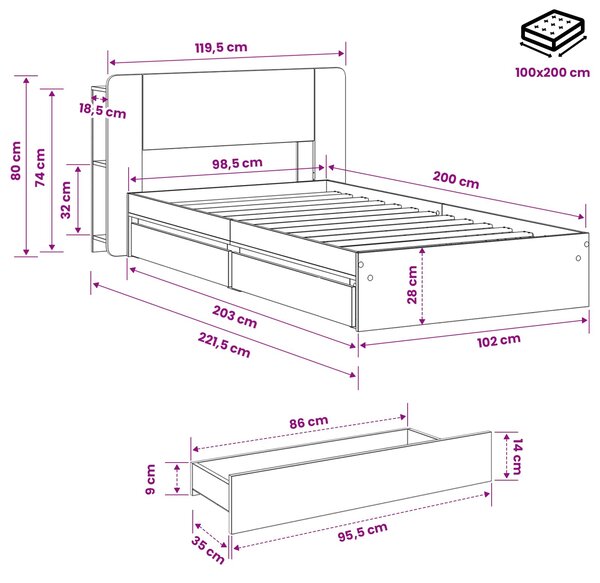 Okvir kreveta s pohranom s ladicama Hrast sonoma 100 x 200 cm - Smeđa / 100 x 200 cm