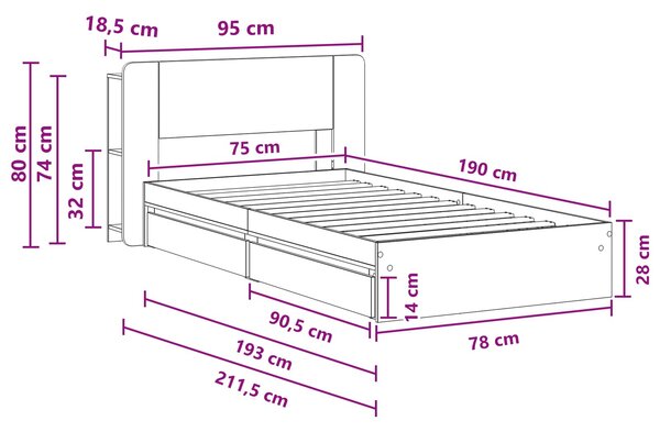 Okvir kreveta s pohranom s ladicama Hrast sonoma 75 x 190 cm - Smeđa / 75 x 190 cm