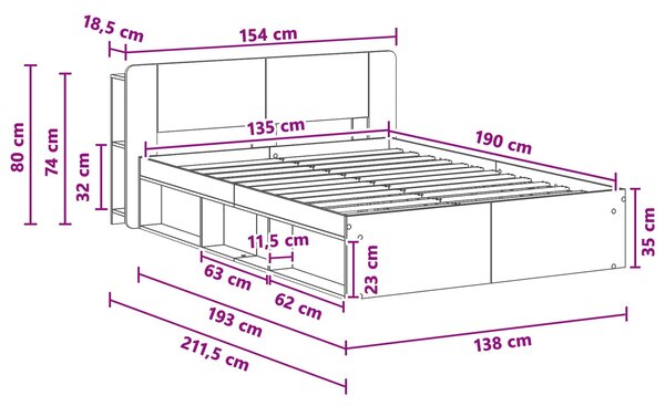 Okvir kreveta s pohranom s uzglavljem Staro drvo 135 x 190 cm - Smeđa / 135 x 190 cm