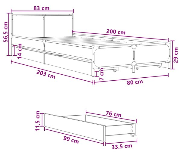 Okvir kreveta s uzglavljem s ladicama Crni hrast 80 x 200 cm - Crna / 80 x 200 cm