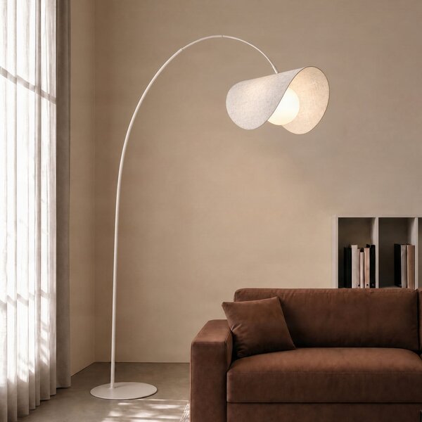 Lucande Tamani LED svjetiljka u obliku luka, bež, 220 cm, s mogućnošću, prigušiva, Bež, Dnevni boravak/blagovaonica, Tkanina / tekstil