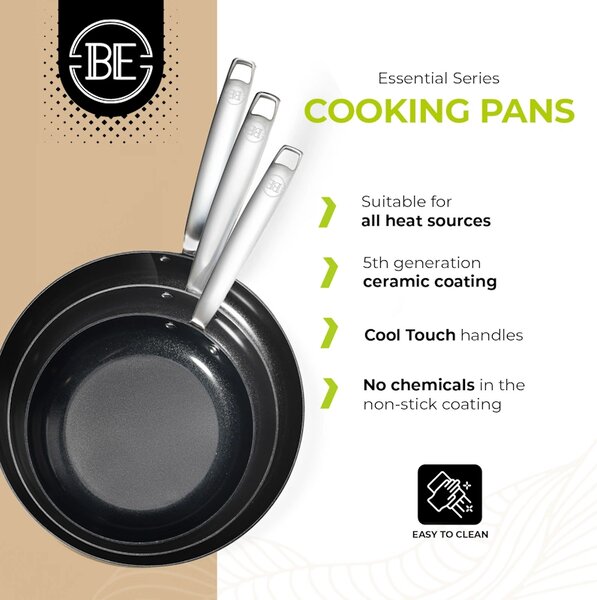 BE Living Set 3 tave Essential Black 20-24-28 cm troslojni nehrđajući čelik