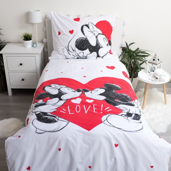 Dječja pamučna posteljina MICKEY & MINNIE LOVE bijela Dimenzije posteljine: 70 x 90 cm | 140 x 200 cm