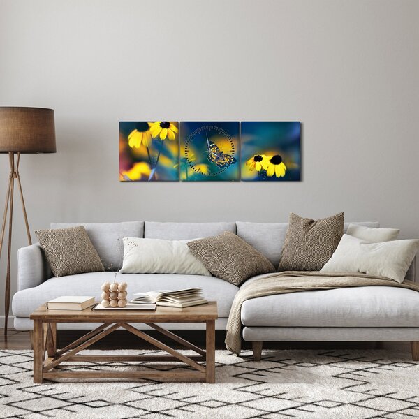 Slika - Žuti leptir s cvijećem (sa satom) (90x30 cm)