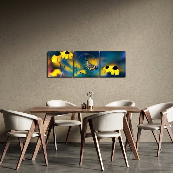 Slika - Žuti leptir s cvijećem (sa satom) (90x30 cm)