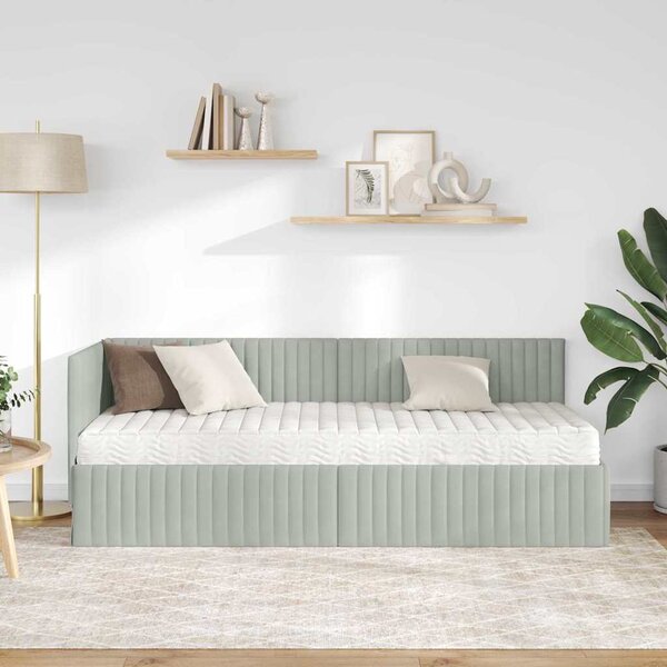 Kutni krevetni okvir s madracem 2 pcs Svjetlosiva Baršun - Svjetlosiva / 90 x 190 cm