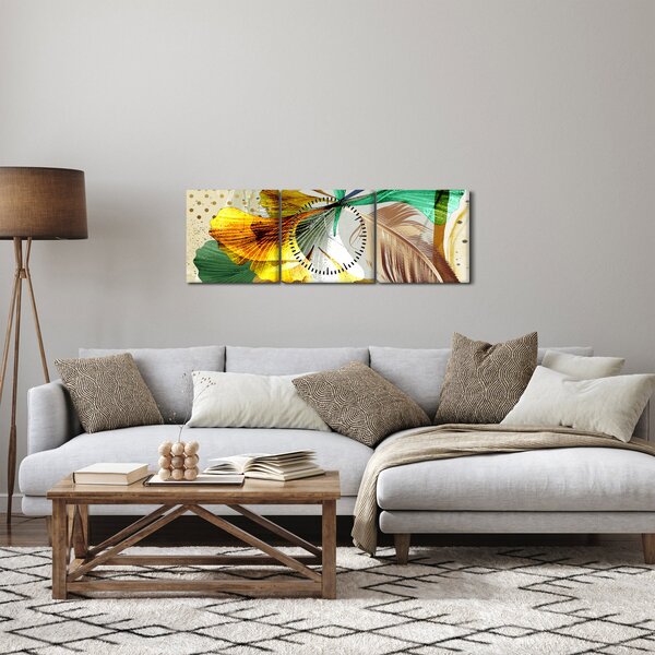 Slika - Lišće s perjem (sa satom) (90x30 cm)