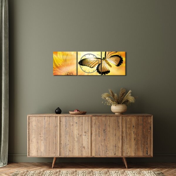 Slika - Žuti leptir s cvijetom (sa satom) (90x30 cm)