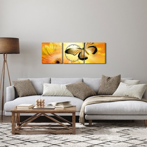 Slika - Žuti leptir s cvijetom (sa satom) (90x30 cm)