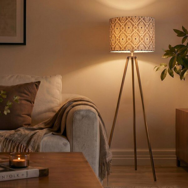 PR Home Podna lampa, antikni mjed/bež, visina 123 cm, tkanina, Bronca / stari mesing, Dnevni boravak/blagovaonica, Metal