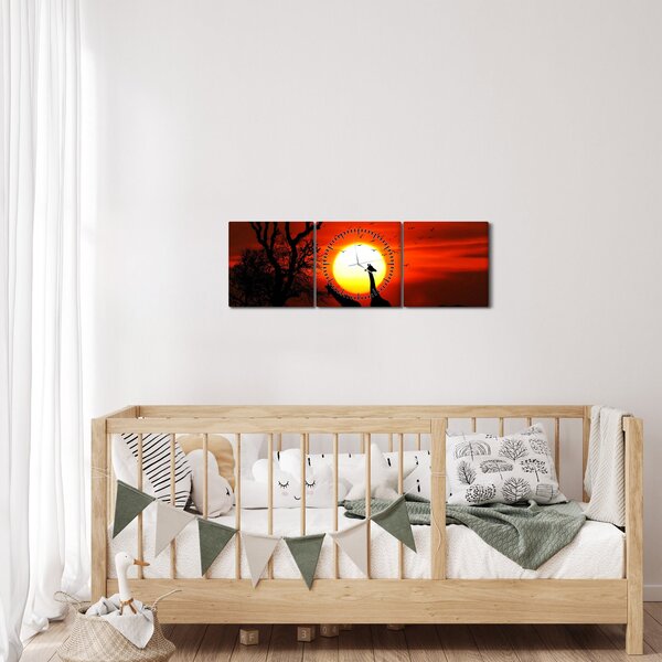 Slika - Siluete životinja pri zalasku sunca (sa satom) (90x30 cm)