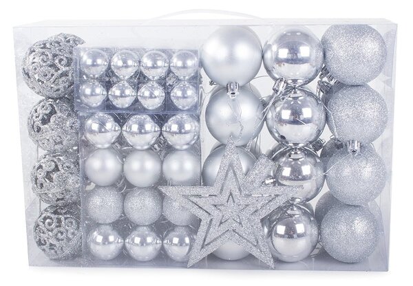 Set srebrnih božićnih kuglica 100 komada + zvijezda