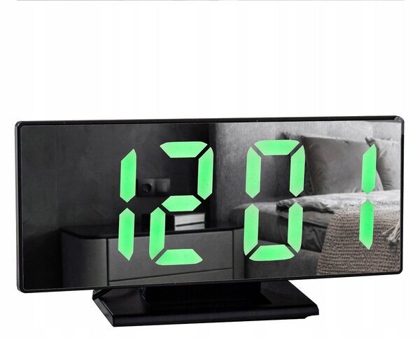 Veliki 4v1 USB LED digitalni budilica s termometrom i ogledalom crnim