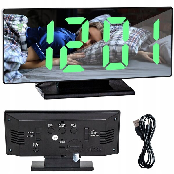 Veliki 4v1 USB LED digitalni budilica s termometrom i ogledalom crnim