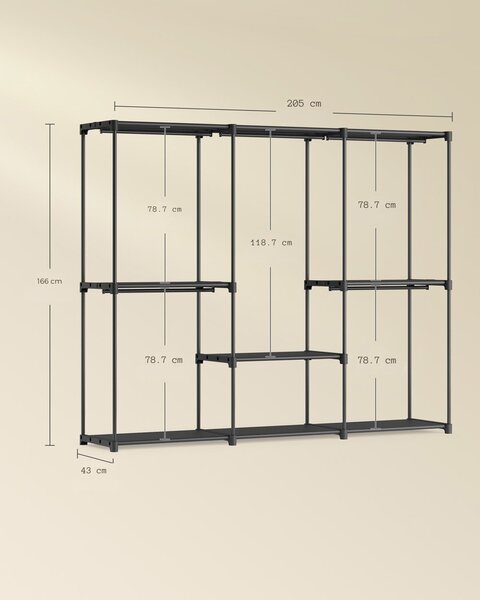 Otvoreni ormar s policama DRESSIO, 205x43x166 cm, crna SongmicsHome