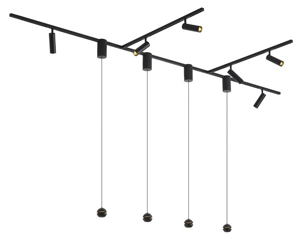 Moderni sustav tračnica crni sa 6 reflektora i 4 viseće svjetiljke Easylift 1-fazni - Slimline Uzzy Tira