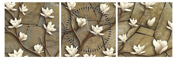 Slika - Bele magnolije na kamnitem zidu (sa satom) (90x30 cm)