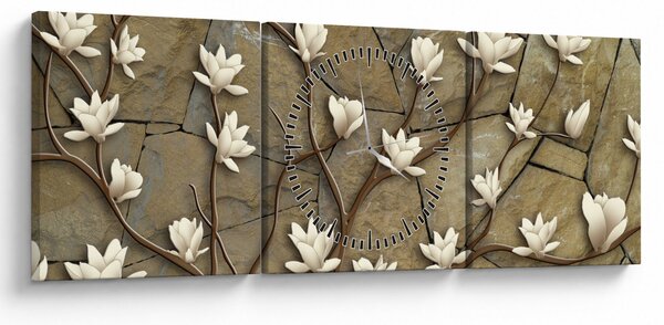 Slika - Bele magnolije na kamnitem zidu (sa satom) (90x30 cm)