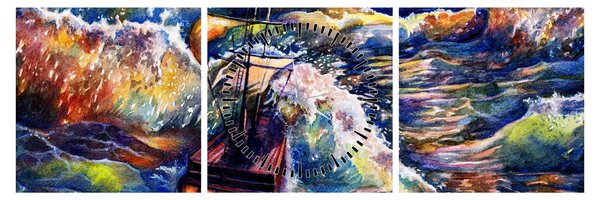 Slika - Ladja na oceanskih valovih, akvarel (sa satom) (90x30 cm)