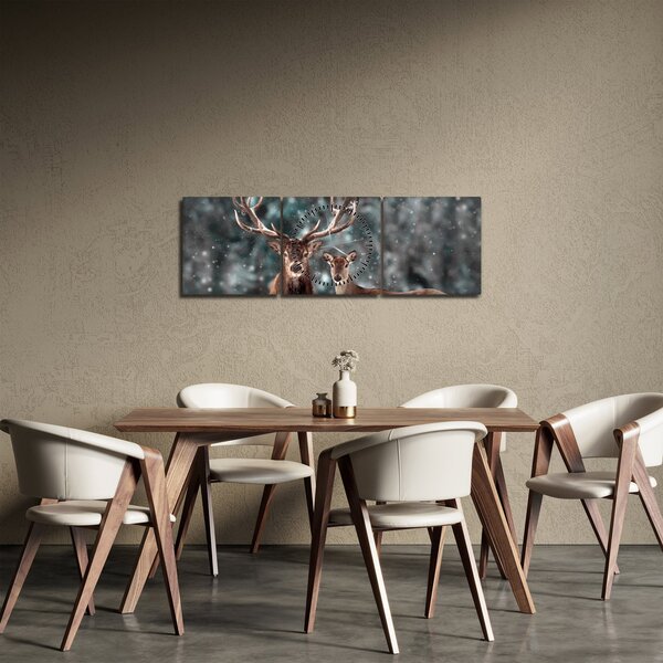 Slika - Jelen in srna v zasneženem gozdu (sa satom) (90x30 cm)