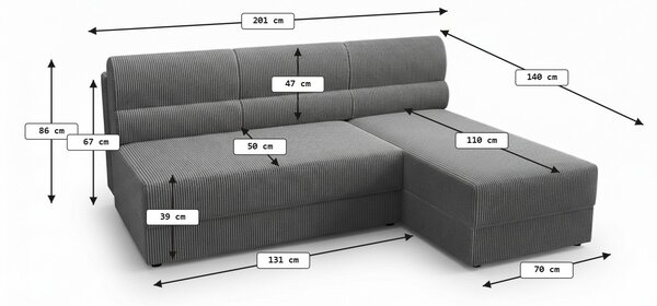 Razvlačna kutna garnitura L TAVERO SLIM 201x140 cm, tamno roza, univerzalna