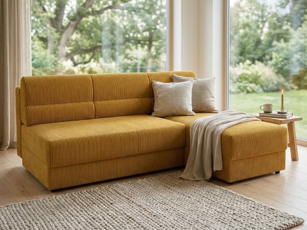 Razvlačna kutna garnitura L TAVERO SLIM 201x140 cm, senf, univerzalna