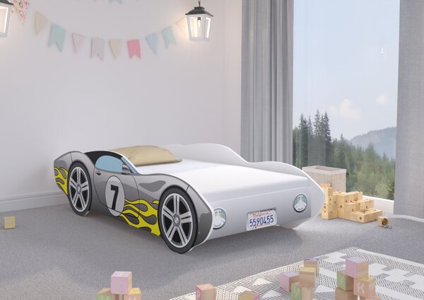 Jedinstveni krevetić 140 x 70 cm u stilu sivog trkaćeg automobila sa spektakularnim plamenom