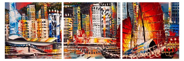 Slika - Victoria Harbour, Hong Kong, oljna slika (sa satom) (90x30 cm)