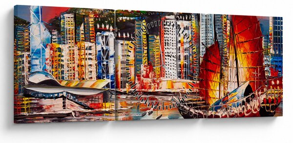 Slika - Victoria Harbour, Hong Kong, oljna slika (sa satom) (90x30 cm)