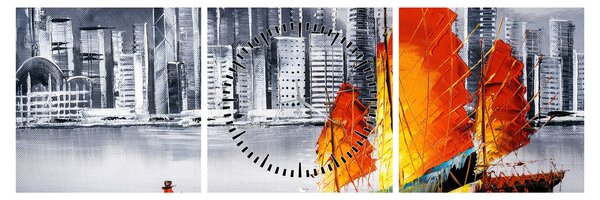 Slika - Victoria Harbor, Hong Kong, črno-bela oljna slika (sa satom) (90x30 cm)