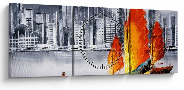 Slika - Victoria Harbor, Hong Kong, črno-bela oljna slika (sa satom) (90x30 cm)