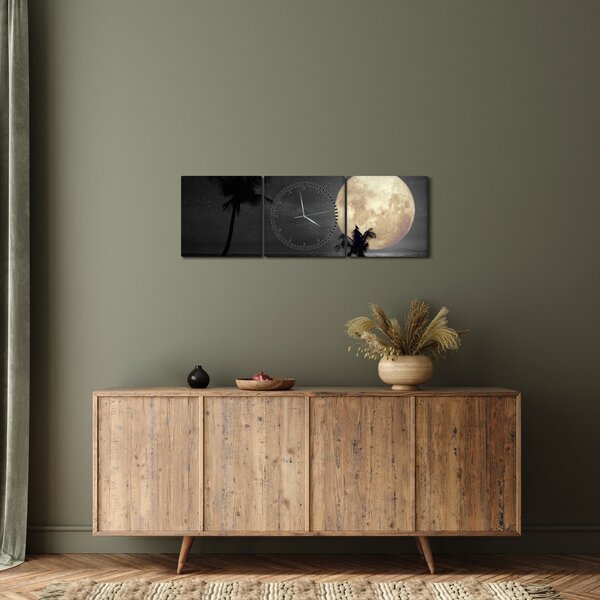 Slika - Plaža pod polno luno v sivih tonih (sa satom) (90x30 cm)