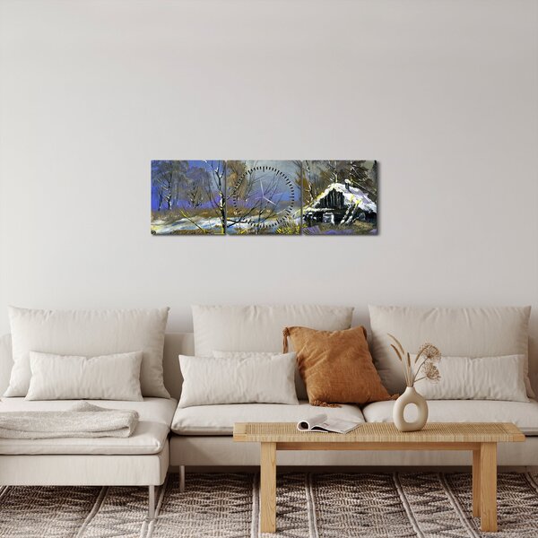 Slika koče v zimski pokrajini, oljna slika (sa satom) (90x30 cm)