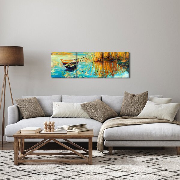 Slika - Jezero s čolni (sa satom) (90x30 cm)