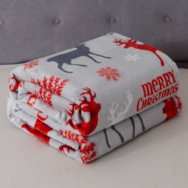 2x Siva božićna mikropliš deka MERRY CHRISTMAS DEER 160x200 cm
